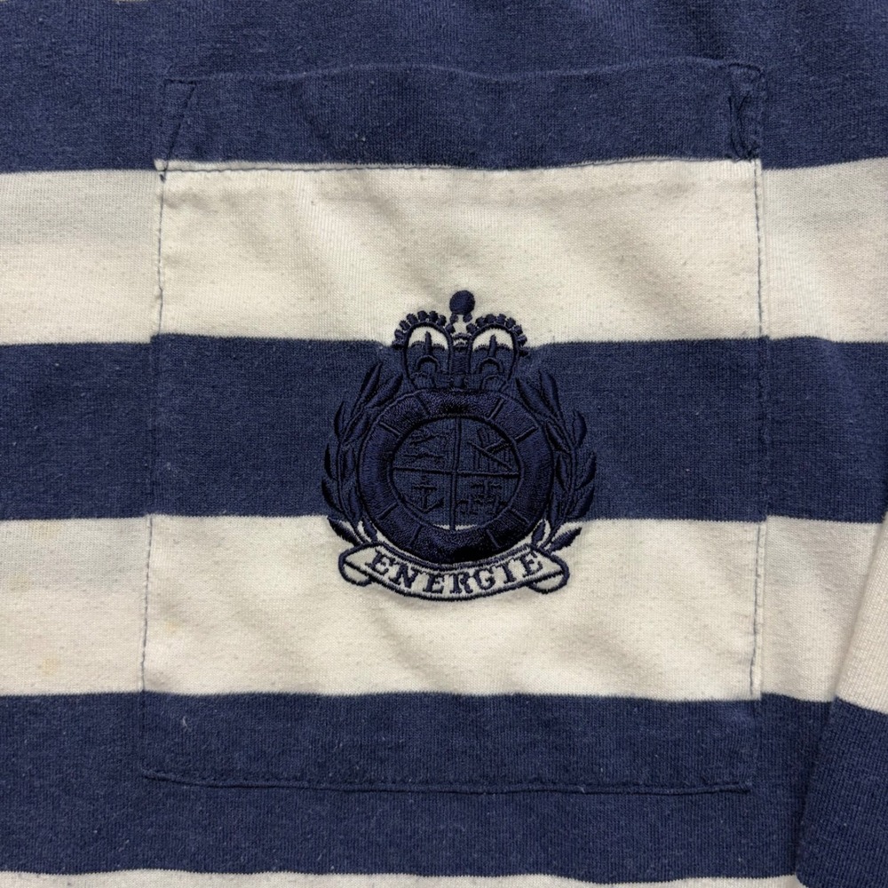 Energie Sweatshirt Mens L Navy Blue White Striped Good Vintage Crest Pocket 610 - Picture 2 of 11